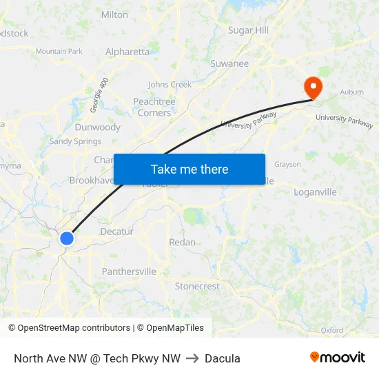 North Ave NW @ Tech Pkwy NW to Dacula map