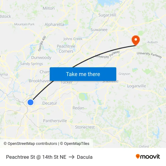 Peachtree St @ 14th St NE to Dacula map