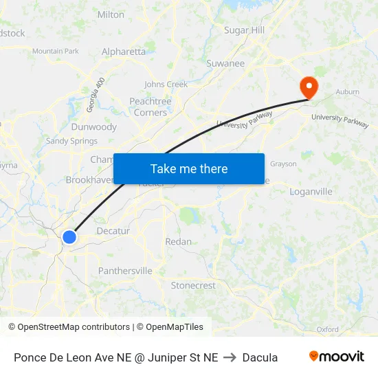 Ponce De Leon Ave NE @ Juniper St NE to Dacula map