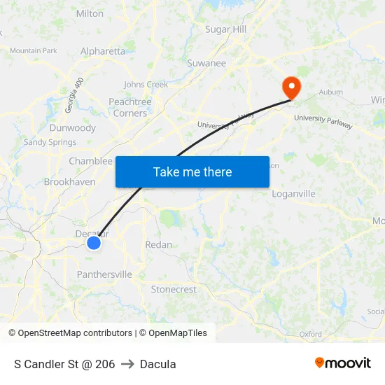 S Candler St @ 206 to Dacula map