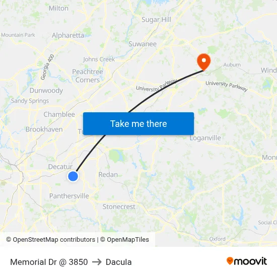 Memorial Dr @ 3850 to Dacula map