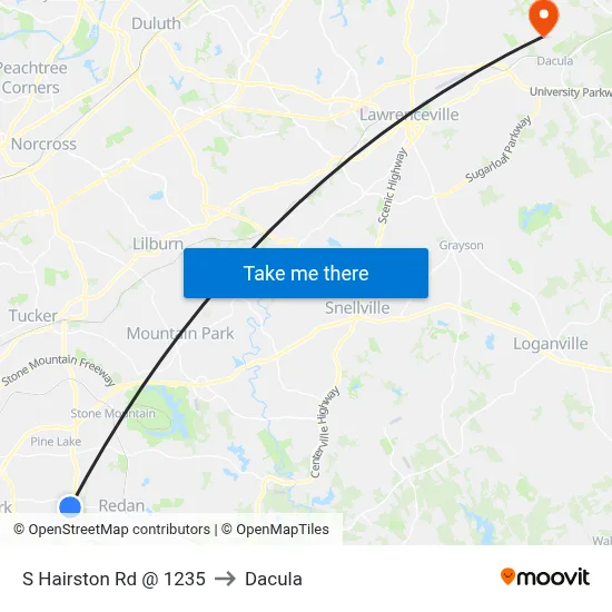S Hairston Rd @ 1235 to Dacula map