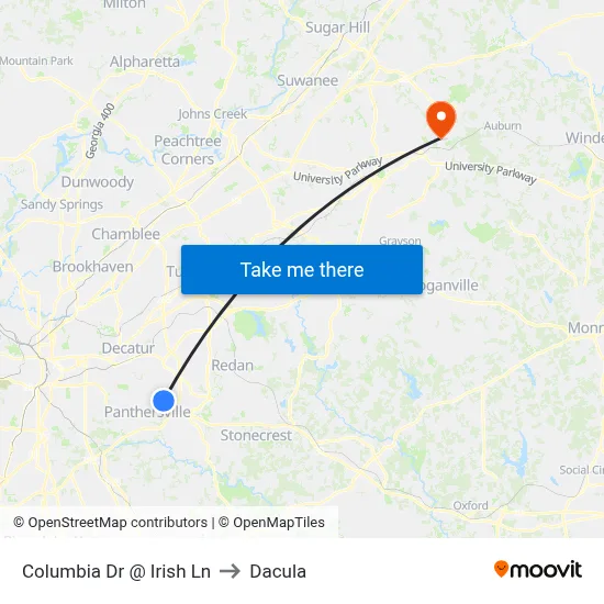 Columbia Dr @ Irish Ln to Dacula map
