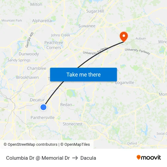 Columbia Dr @ Memorial Dr to Dacula map