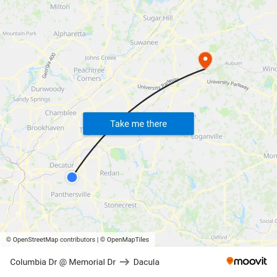 Columbia Dr @ Memorial Dr to Dacula map