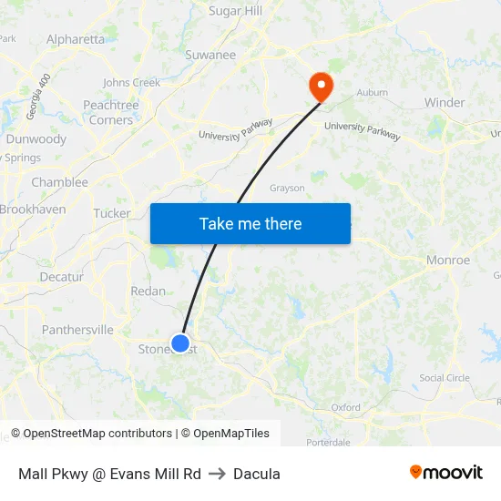 Mall Pkwy @ Evans Mill Rd to Dacula map