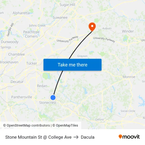 Stone Mountain St @ College Ave to Dacula map