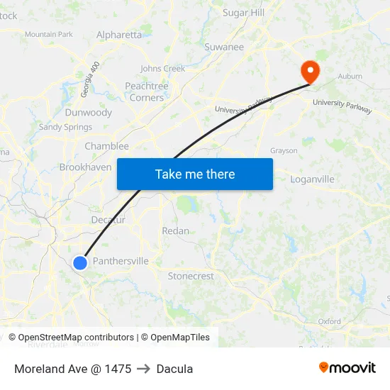 Moreland Ave @ 1475 to Dacula map