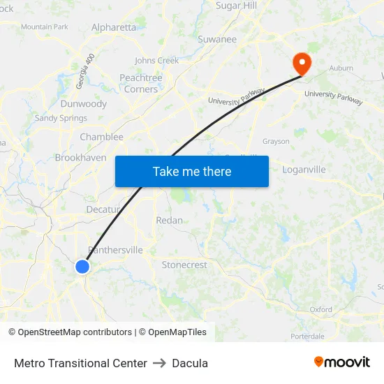 Metro Transitional Center to Dacula map