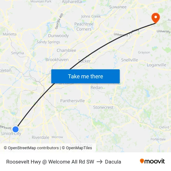 Roosevelt Hwy @ Welcome All Rd SW to Dacula map