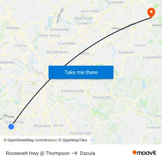 Roosevelt Hwy @ Thompson to Dacula map