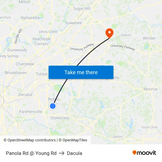 Panola Rd @ Young Rd to Dacula map