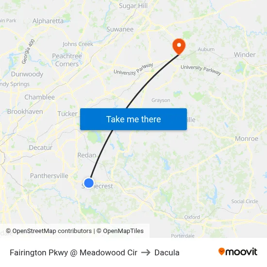 Fairington Pkwy @ Meadowood Cir to Dacula map