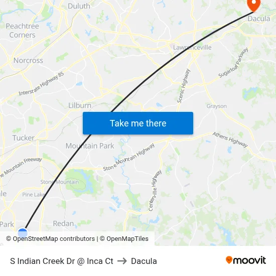 S Indian Creek Dr @ Inca Ct to Dacula map