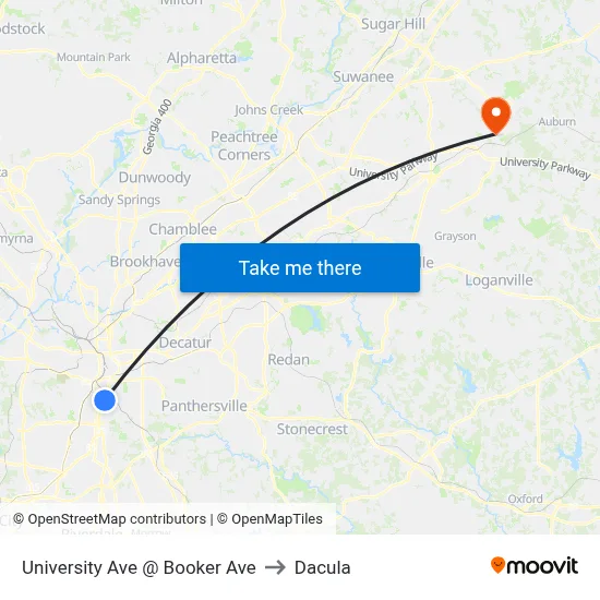 University Ave @ Booker Ave to Dacula map