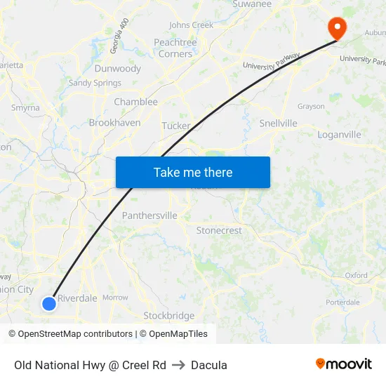 Old National Hwy @ Creel Rd to Dacula map