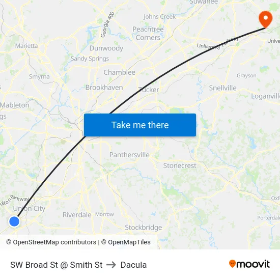 SW Broad St @ Smith St to Dacula map