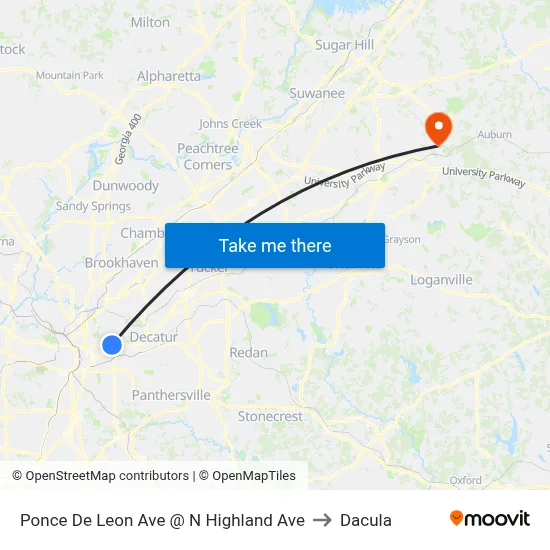 Ponce De Leon Ave @ N Highland Ave to Dacula map