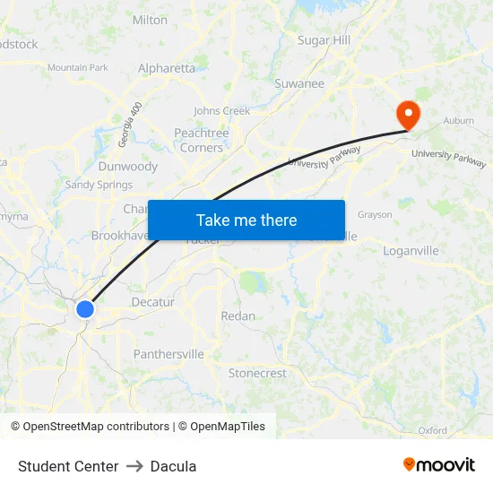 Student Center to Dacula map