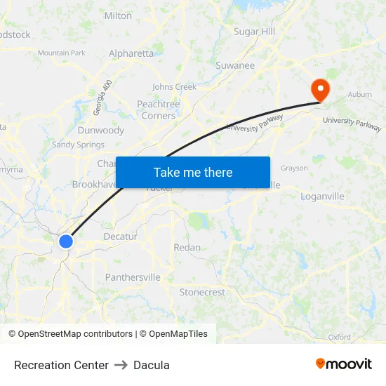 Recreation Center to Dacula map