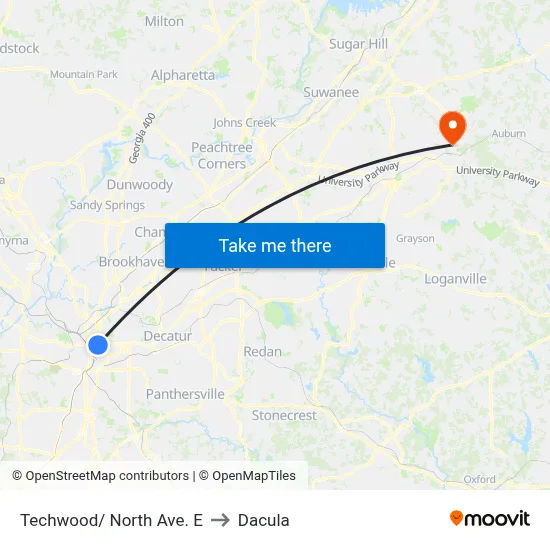 Techwood/ North Ave. E to Dacula map