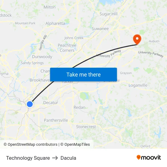 Technology Square to Dacula map