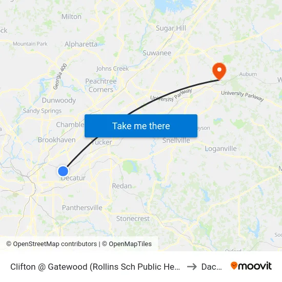 Clifton @ Gatewood (Rollins Sch Public Health) to Dacula map
