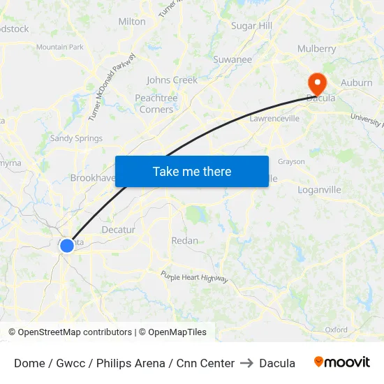 Dome / Gwcc / Philips Arena / Cnn Center to Dacula map