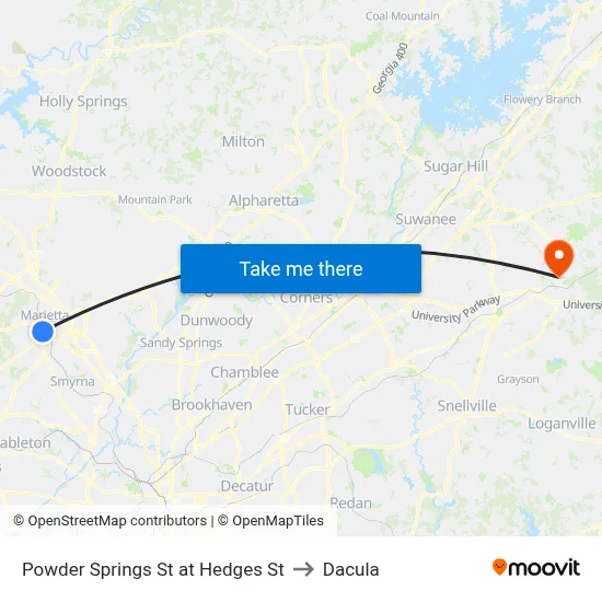 Powder Springs St at Hedges St to Dacula map
