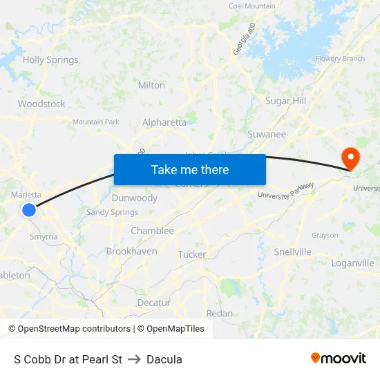 S Cobb Dr at Pearl St to Dacula map