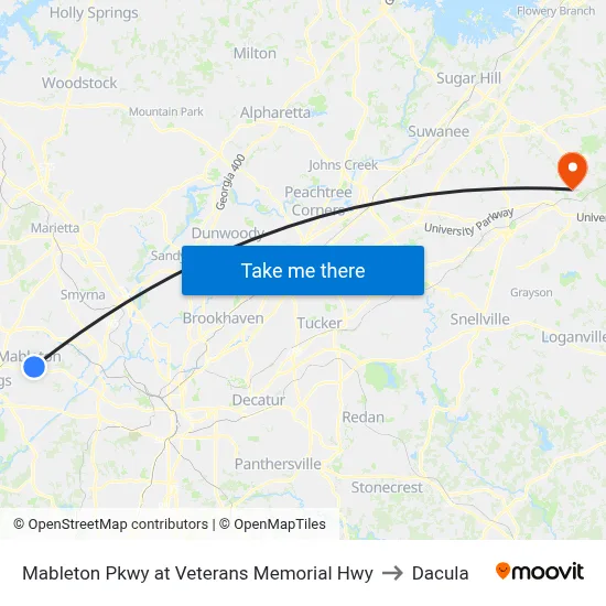 Mableton Pkwy at Veterans Memorial Hwy to Dacula map