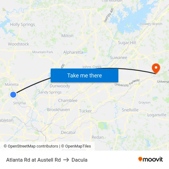 Atlanta Rd at Austell Rd to Dacula map