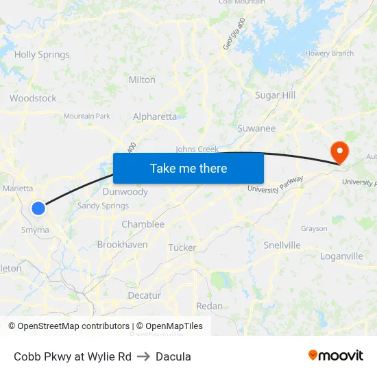 Cobb Pkwy at Wylie Rd to Dacula map