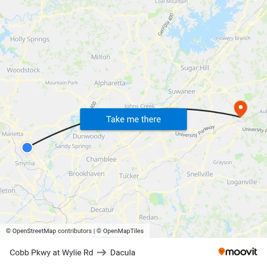 Cobb Pkwy at Wylie Rd to Dacula map