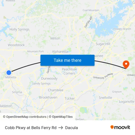 Cobb Pkwy at Bells Ferry Rd to Dacula map