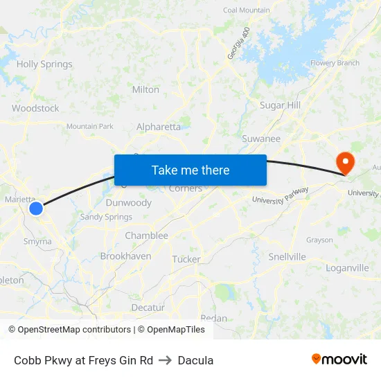 Cobb Pkwy at Freys Gin Rd to Dacula map