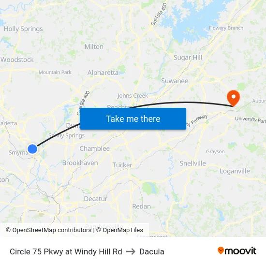 Circle 75 Pkwy at Windy Hill Rd to Dacula map