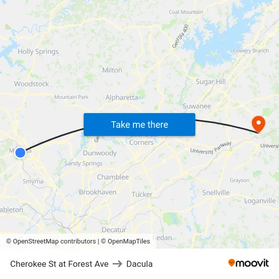 Cherokee St at Forest Ave to Dacula map