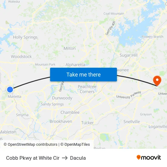 Cobb Pkwy at White Cir to Dacula map