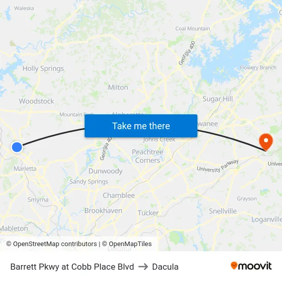 Barrett Pkwy at Cobb Place Blvd to Dacula map