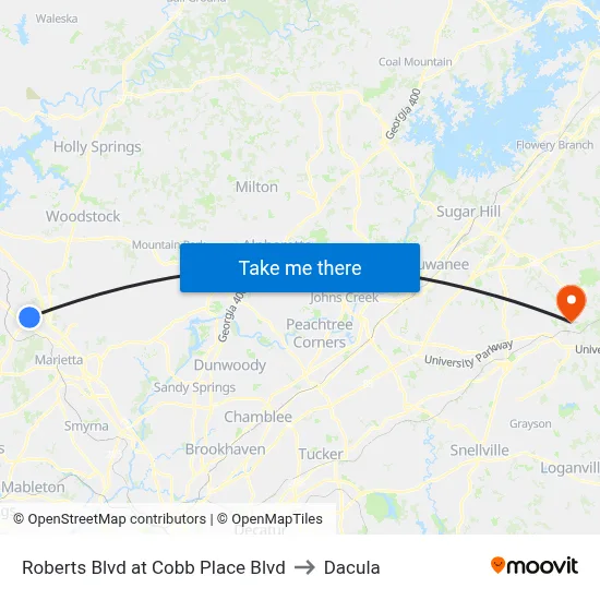 Roberts Blvd at Cobb Place Blvd to Dacula map