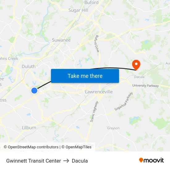 Gwinnett Transit Center to Dacula map