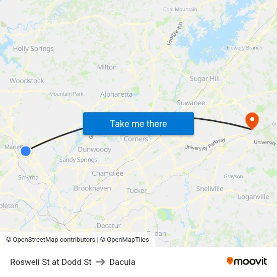 Roswell St at Dodd St to Dacula map