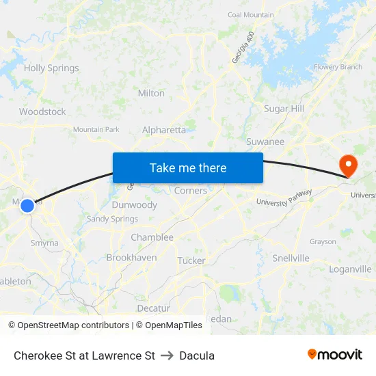 Cherokee St at Lawrence St to Dacula map