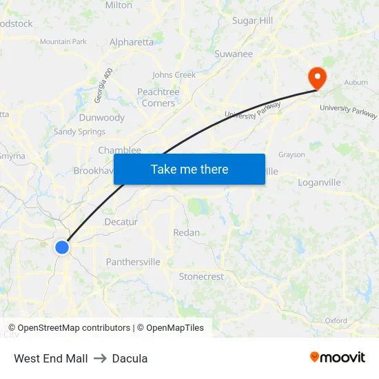 West End Mall to Dacula map