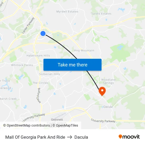 Mall Of Georgia Park And Ride to Dacula map