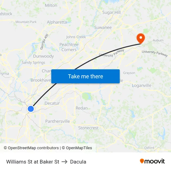 Williams St at Baker St to Dacula map