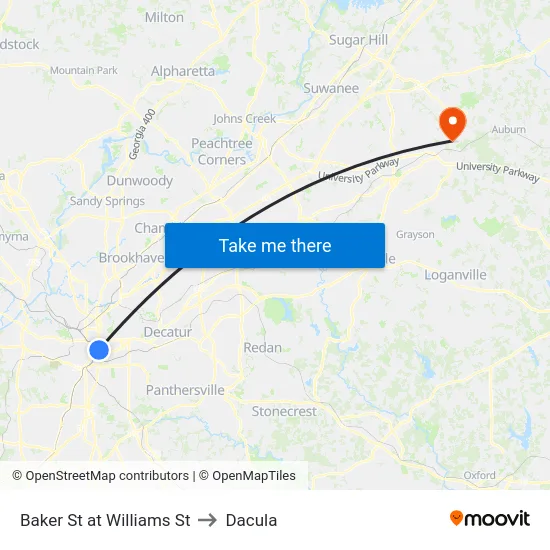 Baker St at Williams St to Dacula map