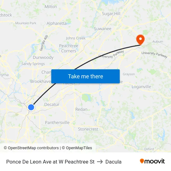 Ponce De Leon Ave at W Peachtree St to Dacula map