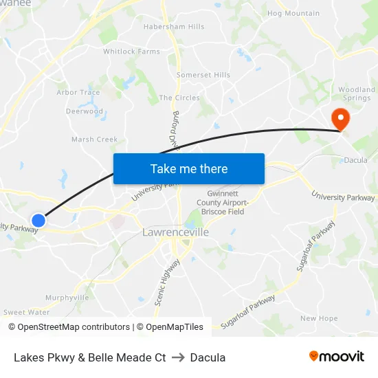 Lakes Pkwy & Belle Meade Ct to Dacula map